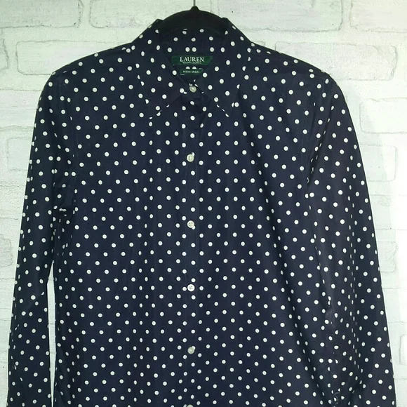 Lauren Ralph Lauren Navy Blue Polkadot Non Iron Button Down Shirt S - Picture 3 of 13